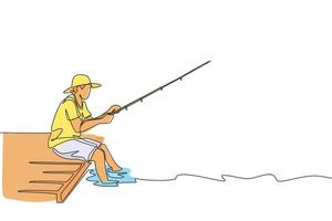 One single line drawing young happy fisher man siting on wooden pier and fishing peacefully vector graphic illustration. Holiday traveling for fishing hobby concept. Modern continuous line draw design