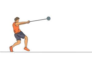 One continuous line drawing of young sporty man exercise to focus before throw hammer on the field. Athletic games. Olympic sport concept. Dynamic single line draw design graphic vector illustration