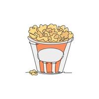 One single line drawing of fresh salty pop corn with stripped pattern paper bucket vector graphic illustration. Snack for watching movies concept. Modern continuous line draw design