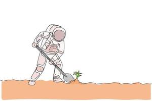 One single line drawing of astronaut digging up soil using metal shovel in moon surface vector graphic illustration. Outer space farming concept. Modern continuous line draw design