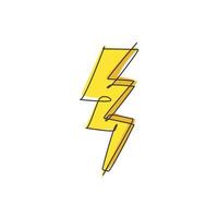 One continuous line drawing of thunder bolt light logo emblem. Power up electricity logotype icon template concept. Modern single line draw graphic design vector illustration