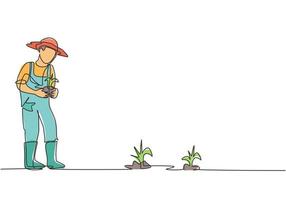 Un solo dibujo de una línea de un joven agricultor trae cultivos para plantar en campos agrícolas. concepto minimalista de actividades de desafío agrícola. Ilustración de vector gráfico de diseño de dibujo de línea continua moderna.