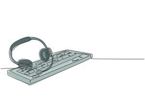 One single line drawing of headphone with microphone and keyboard on the work desk as customer service care equipment tools. Call center concept continuous line graphic draw design vector illustration