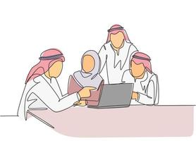 Single continuous line drawing of young muslim manager gives short job brief to team members at team meeting. Arab middle east cloth kandura, robe, hijab. One line draw design vector illustration