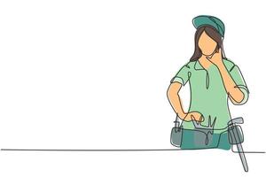 Continuous one line drawing handywoman with call me gesture ready to work on repairing damaged part of house. Professional work. Success business. Single line draw design vector graphic illustration