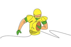 One continuous line drawing of young happy man american football player running and hold the ball for competition poster. Sport teamwork concept. Dynamic single line draw design vector illustration