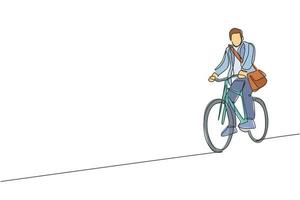 One single line drawing of young happy professional startup employee man ride bicycle to the coworking space vector illustration. Healthy commuter lifestyle concept. Modern continuous line draw design