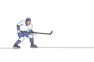 Single continuous line drawing of young professional ice hockey player pose stance defense on ice rink arena. Extreme winter sport concept. Trendy one line draw design vector graphic illustration