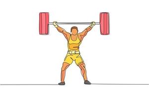 One single line drawing of fit young athlete muscular man lifting barbells working out at a gym vector illustration. Weightlifter preparing for training concept. Modern continuous line draw design