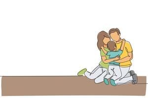 Single continuous line drawing of young happy mother and father hugging their lovely son together full of warmth. Happy family concept. Trendy one line draw graphic design vector illustration