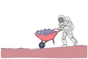 Single continuous line drawing of cosmonaut pushing wheelbarrow full of fruits and vegetables in moon surface. Galaxy astronaut farming life concept. Trendy one line draw design vector illustration