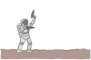 One continuous line drawing of young astronaut shoot using space laser gun to kill enemy in moon surface. Cosmic galaxy space concept. Dynamic single line draw graphic design vector illustration