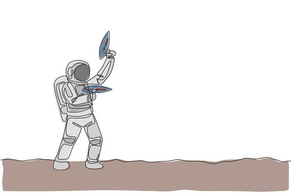 One continuous line drawing of young astronaut shoot using space laser gun to kill enemy in moon surface. Cosmic galaxy space concept. Dynamic single line draw graphic design vector illustration