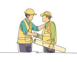 One line drawing of young architect holding on a roll paper and builder foreman wearing construction vest and helmet handshake to deal a project. Great teamwork concept. Continuous line drawing vector