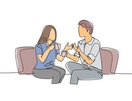 One continuous line drawing of young male and female worker chatting together while drink a cup of coffee during office break. Rest break at work concept single line draw design vector illustration