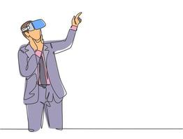 One single line drawing of young serious businessman thinking watching visual simulation on virtual reality. Smart technology futuristic game concept continuous line draw design vector illustration