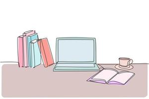 un dibujo de línea continua de una pila de libros alineados con una computadora portátil, un libro y una taza de café. concepto de escritorio de espacio de estudio. Ilustración de vector de diseño de dibujo de una sola línea