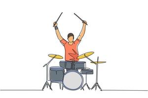 One single line drawing of young happy male drummer raise drumstick up while play drum set on music concert stage. Musician artist performance concept continuous line draw design vector illustration