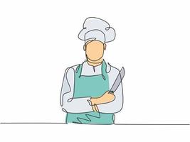 Single one line drawing of young confident handsome male chef holding kitchen knife and pose standing manly. Restaurant service excellent trendy one line hand drawn vector illustration minimalism