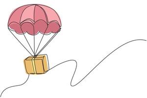 Single continuous line drawing box package flies through the sky using parachute. Online delivery service. Fast delivery parcel concept. Dynamic one line draw graphic design vector illustration