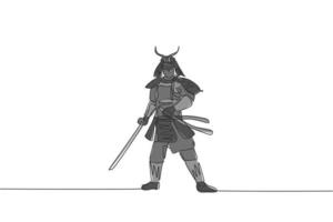dibujo de una sola línea continua de un joven y fuerte samurai shogun con uniforme tradicional sosteniendo una espada en el festival. antiguo concepto de soldado de combate. ilustración de vector de diseño de dibujo de una línea de moda