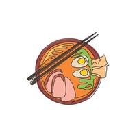 Single continuous line drawing of stylized Japanese ramen logo label, top view. Fast food noodle restaurant concept. Modern one line draw design vector illustration for cafe or food delivery service