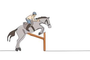 One single line drawing of young horse rider man performing dressage jumping the hurdle test vector illustration graphic. Equestrian sport show competition concept. Modern continuous line draw design