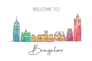 Dibujo de una sola línea continua del horizonte de la ciudad de Bangalore, India. famosa ciudad raspador y paisaje decoración del hogar arte de la pared impresión del cartel. concepto de viaje mundial. Ilustración de vector de diseño de dibujo de una línea moderna