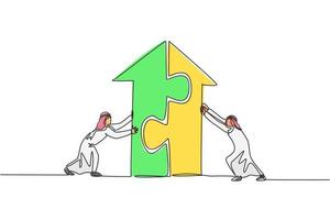 Continuous one line drawing two young handsome Arabian male workers pushing puzzle pieces to build a building. Business teamwork minimalist concept. Single line draw design vector graphic illustration