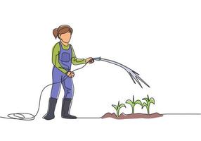 Continuous one line drawing young female farmer standing on farm field while watering the plants using a hose. Farmer planting activities concept. Single line draw design vector graphic illustration.