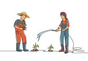 Single continuous line drawing couple farmer watering the plants using a hose and planting new plants. Farmer planting activities concept. Dynamic one line draw graphic design vector illustration.