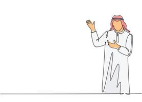 Single continuous line drawing of young muslim businessman giving presentation of explanation gesture hands. Arab middle east cloth kandura, thawb, robe. One line draw design vector illustration