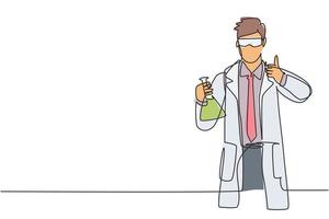 Single continuous line drawing scientist with a thumbs-up gesture and hold measuring tube examining the chemical solution to make a vaccine. Dynamic one line draw graphic design vector illustration.