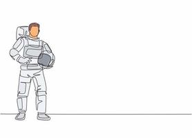 Continuous one line drawing of young male astronaut pose standing and holding helmet. Professional job profession minimalist concept. Single line draw design vector graphic illustration
