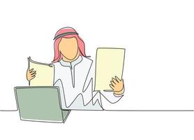 dibujo de línea continua única de un joven empresario musulmán que lee el acuerdo de contrato de un colega. tela árabe del medio oriente shmagh, kandura, thawb, bata. Ilustración de vector de diseño de dibujo de una línea