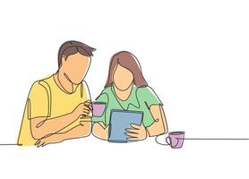 dibujo de línea continua única de una pareja joven de hombres y mujeres discutiendo juntos las facturas mensuales del hogar. después del concepto de vida matrimonial. vector de ilustración de diseño gráfico de dibujo de una línea