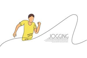 One continuous line drawing of young man athlete runner practicing run. Individual sport, competitive concept. Dynamic single line draw design vector illustration for running competition posteractive,