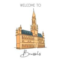 Single continuous line drawing Grand Place of Brussels landmark. Most beautiful famous place in Belgium. World travel home wall decor poster concept. Simple one line draw design vector illustration