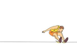un dibujo de línea continua de un joven deportista practicando para aterrizar en una piscina de arena después de un salto largo. concepto de deporte atlético saludable. evento de campeonato. Ilustración de vector de diseño de dibujo de línea única dinámica