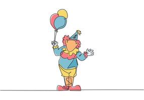 Single continuous line drawing the male clown stands while holding several balloons in his right hand. Children really like the show. Dynamic one line draw graphic design vector illustration.