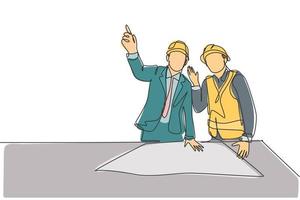 dibujo de una sola línea continua del joven gerente de construcción dando instrucciones al coordinador de constructores en la reunión del sitio. concepto de negocio de arquitectura de construcción. Ilustración de vector de diseño de dibujo de una línea