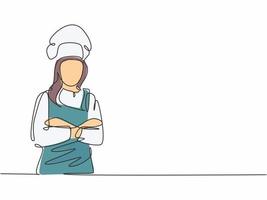 Single continuous line drawing of  young confident beauty female chef in uniform pose standing and crossing arm in chest. Resto banner model concept one line drawing design vector graphic illustration