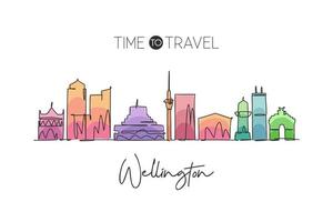 Single continuous line drawing of Wellington city skyline, New Zealand. Famous city scraper landscape. World travel destination concept. Editable stroke modern one line draw design vector illustration