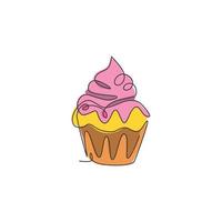 dibujo de una sola línea de pastel de muffin dulce fresco ilustración vectorial del logotipo de la tienda en línea. delicioso menú de pastelería y concepto de placa de restaurante. logotipo de galletas de diseño de línea continua moderna vector