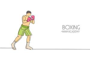 One single line drawing of young energetic man boxer ready to attack opponent vector illustration. Sport combative training concept. Modern continuous line draw design for boxing championship banner