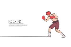 One single line drawing of young energetic man boxer focus practicing upper cut punch vector illustration. Sport combative training concept. Modern continuous line draw design for boxing event banner