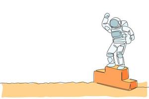 One continuous line drawing of astronaut standing on first place podium in deep space galaxy. Spaceman healthy fitness sport concept. Dynamic single line draw design vector graphic illustration