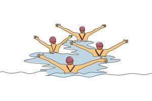 One single line drawing of young beauty women swimmer performing synchronized routine of elaborate moves in the water vector illustration. Team water sport event concept. Modern continuous line draw