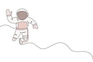 One single line drawing of young astronaut in spacesuit flying at outer space vector illustration. Spaceman adventure galactic space concept. Modern continuous line draw graphic design