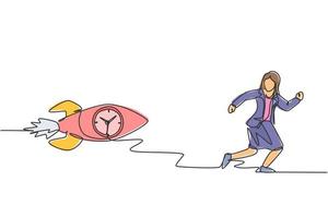 Single one line drawing of young business woman chased by flying rocket analog clock inside. Rush hour management business minimalist concept. Continuous line draw design graphic vector illustration.